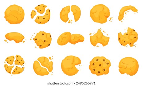 Oatmeal cookies. Cartoon cookie with choco crumbs, full and bitten. Tasty sweet dessert to tea or coffee, for children and adults, neoteric vector set