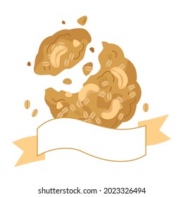 Oatmeal cookies with cashew nuts and logo broken off edge. Decorative flag with place for text in shades of beige. Dessert cookie icon, vector isolate on white.