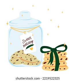 Oatmeal cookies with chocolate chips. In the bank. Vector stock illustration. Homemade cakes. A delicious treat. A traditional treat for winter holidays. Isolated on a white background.