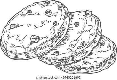 Oatmeal cookies with chocolate chips. Hand drawn pastry