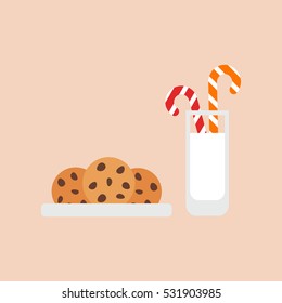 Oatmeal cookies with chocolate chips, milk and candy. Treats for Santa. Vector,flat design.