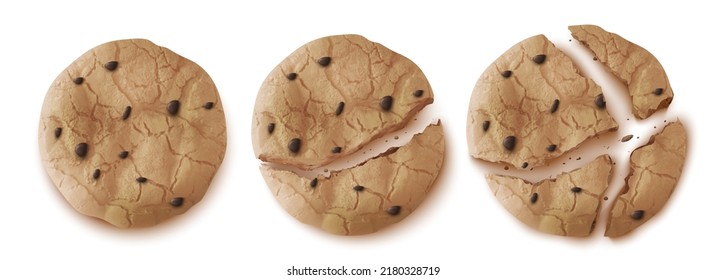 Oatmeal Cookies With Chocolate Chips Top View, Whole And Cracked Crumble Biscuit Snack Isolated On White Background. Homemade Round Crispy Cakes, Sweet Bakery, Cereal Pastry Realistic 3d Vector