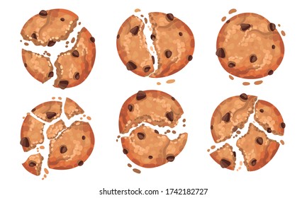 Oatmeal Cookies with Chocolate Crumbs Isolated on White Background Vector Set