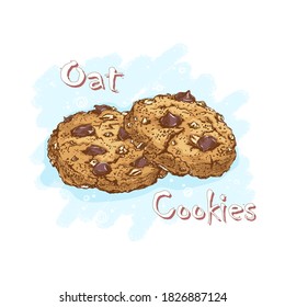 Oatmeal cookies with chocolate drops and nuts. Desserts and sweets. Sketchy hand drawing of food.