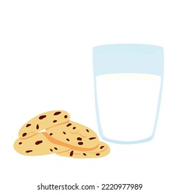 Oatmeal cookies and a glass of milk. Delicious breakfast. Homemade cakes. vector stock illustration. Isolated on a white background.