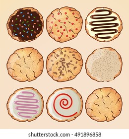 Oatmeal cookies icons vector set. Cookies with glaze chocolate berries and candy. Ornate dessert collection design. 