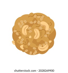 Oatmeal cookies with peanut and cashew pieces. Cookies for illustration of dessert for children in cartoon style. Vector baking clipart isolate on white background. Home baking, cookie icon.