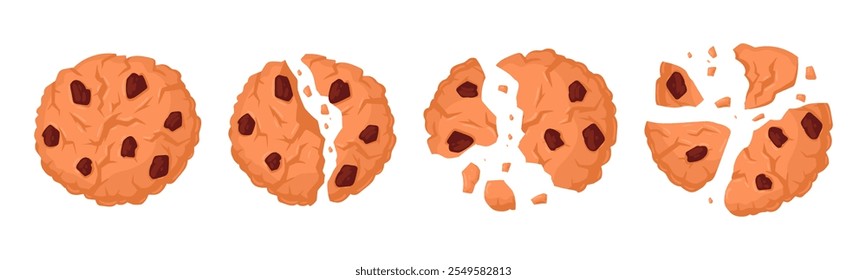 Galletas de avena en trozos. Migas de galletas de chips de chocolate, conjunto de Ilustración vectorial plana de galletas mordidas y rotas. Galletas rotas crujientes dulces de la historieta en blanco