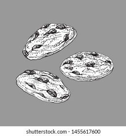 Oatmeal cookies with raisins, drawn on paper with a pen, in the form of a black-and-white contour, on a gray background. Menu design cards, price tags, labels.