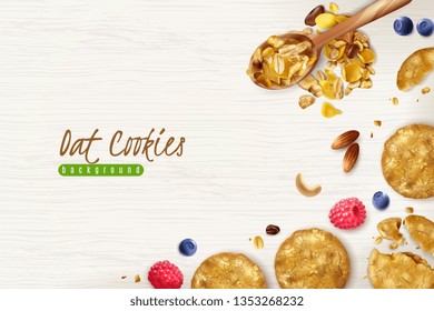Oatmeal cookies realistic background with scattered oat flakes grains and fresh berries vector illustration