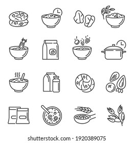 Oatmeal, cookies thin line icons set isolated on white. Cereal, milk, bowl, packaging outline pictograms collection. Porridge, cooking pot, boil, breakfast vector elements for infographic, web.