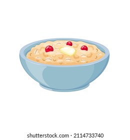 Oatmeal with cranberries in a blue plate. Vector illustration of healthy breakfast.