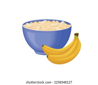 Oatmeal. A cup of oatmeal with a banana. Healthy breakfast of oatmeal with fruit. Dietary vegetarian breakfast.A blue cup of porridge. Vector illustration isolated