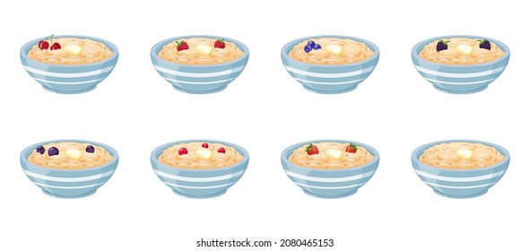 Oatmeal in cup with different berries. Breakfast cereal. Vector set. Healthy breakfast in cartoon style.