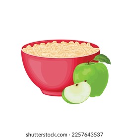 Comida de avena. Una taza de avena y una manzana verde. Desayuno saludable y saludable de avena con fruta. Desayuno vegetariano dietético.Copa verde con avena. Ilustración de vectores aislada