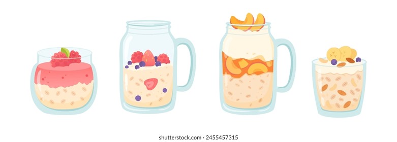 Oatmeal cups with fruits and nuts vector illustration set. Cereal porridge for breakfast. Oat food. Natural product. Healthy food concept.