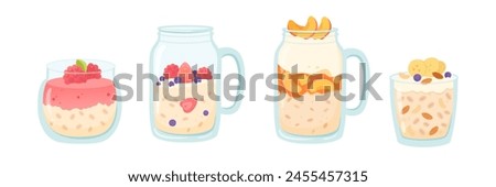 Oatmeal cups with fruits and nuts vector illustration set. Cereal porridge for breakfast. Oat food. Natural product. Healthy food concept.