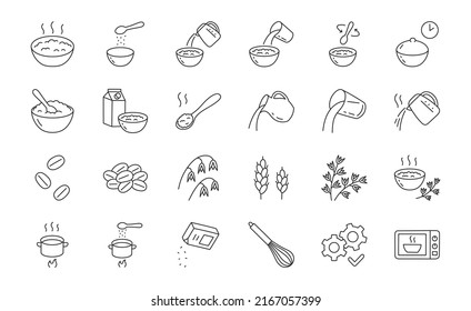 Oatmeal doodle illustration including icons - oat porridge bowl, muesli, granola, grain, jug, boiled rice water pot, healthy meal, wheat, whisk. Thin line art about breakfast food. Editable Stroke