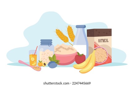 Oatmeal flat composition with view of product box fruits milk and drink with porridge in plate vector illustration