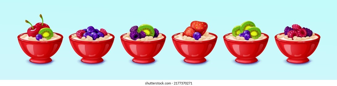 Harina de avena con frutas y bayas en tazones de cerámica roja, desayuno saludable de cereales con arándanos, frambuesa, kiwi, cerezas, fresa y moras. Comida ecológica dulce, ilustración vectorial de dibujos animados