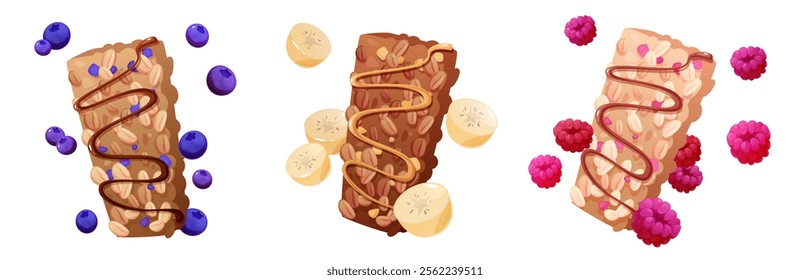 Oatmeal granola bar set with different fruit toppings. Crunchy snacks decorated with chocolate drizzle and blueberry, banana slices and raspberry. Healthy breakfast illustration for packaging design.