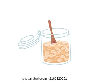 Harina de avena o Granola en jarras de vidrio con cuchara de madera aislada en fondo blanco. Icono De Desayuno De Cereales Saludables, Aperitivos, Delicioso Elemento De Diseño Gráfico De Aperitivos. Ilustración del vector de dibujos animados