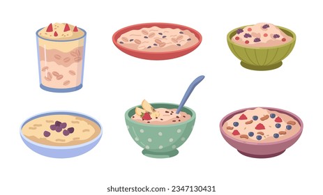 Oatmeal granola porridge with fruits or berries, healthy breakfast. Oat flakes in bowl with nuts and berries with nuts. Nutrition food, grains cartoon vector illustration