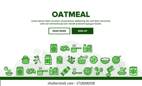 Oatmeal Healthy Food Landing Web Page Header Banner Template Vector. Oat Cookies And Porridge Cereal Breakfast, Oatmeal And Agriculture Organic Crop Products Illustrations