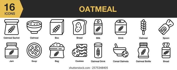 Oatmeal icon set. Includes Oatmeal, Food, Cooking, Ingredient, Cereal, Grain, and More. Outline icons vector collection.