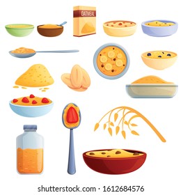 Oatmeal icons set. Cartoon set of oatmeal vector icons for web design