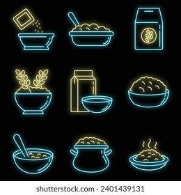 Oatmeal icons set. Outline set of oatmeal vector icons neon color on black