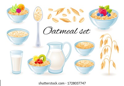 Oatmeal Icons. Vector Oat Meal In Bowl With Fruit & Berry. Milk Jug, Cup With Porridge Granola Set. Healthy Food For Breakfast. Cartoon Illustration Of Cereal Muesli Flakes Isolated On White