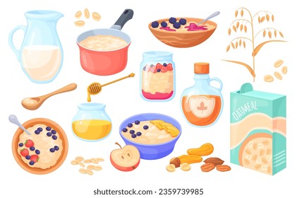 Oatmeal ingredients. Oat porridge box crunchy flakes for healthy breakfast eating, dry oats ripeness, cereal grains with fruit, vector illustration of breakfast oatmeal, raisins and nuts illustration