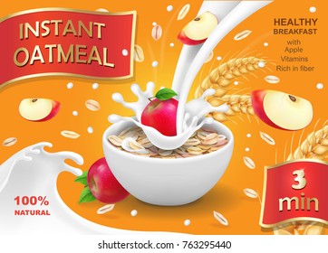 Oatmeal instant with apple and milk ads. Vector realistic illustration