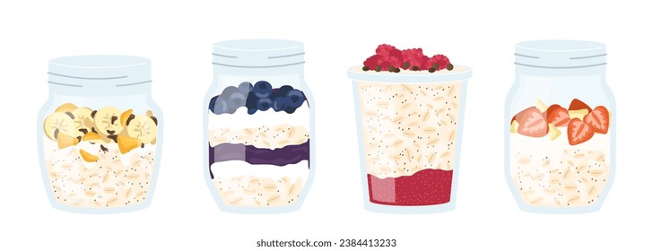 Oatmeal in jar set. Traditional and healthy morning breakfast. Proper nutrition and diet. Blueberry, strawberry with milk porridge. Cartoon flat vector collection isolated on white background