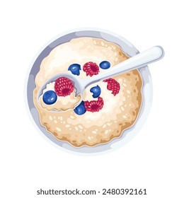 Oatmeal with milk and berry, cartoon top view of morning food in bowl. Plate of oat porridge with spoon, fresh raspberry and blueberry to eat. Cartoon healthy oatmeal for eating vector illustration