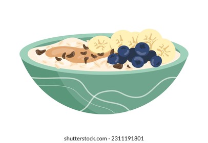 Oatmeal milk porridge concept. Delicious and healthy breakfast with berries and fruits. Vegetarian diet and proper nutrition. Cartoon flat vector illustration isolated on white background