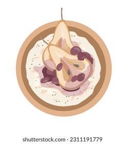 Oatmeal milk porridge top view concept. Healthy and traditional breakfast with pears. Vegetarian diet, morning eating. Cartoon flat vector illustration isolated on white background