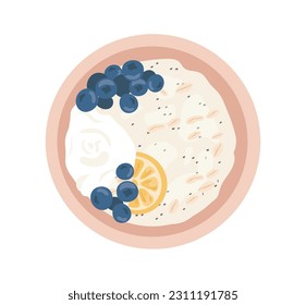 Oatmeal milk porridge top view concept. Healthy and traditional breakfast with fruits and berries, blueberries and banana. Cartoon flat vector illustration isolated on white background