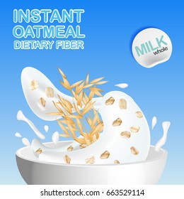 Oatmeal with milk, pouring the Cup and elements of the oats, with spikelets of cereals. Vector illustration.