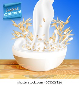 Oatmeal with milk, pouring the Cup and elements of the oats, with spikelets of cereals. Vector illustration.