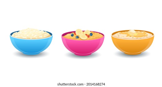 Oatmeal, millet and rice porridge. Sweet  porridges with various toppings, berries, butter and honey in bowls. Healthy food concept. Vector illustration  