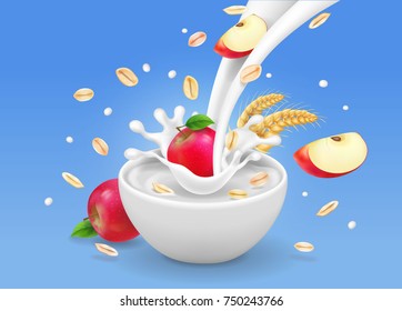 Oatmeal muesli with apples and flowing milk in white bowl Vector realistic illustration