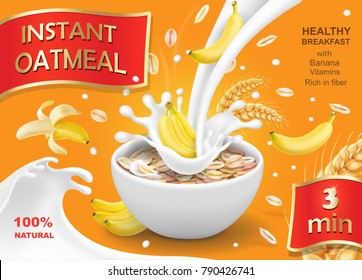 Oatmeal Muesli With Banana And Milk Splash. Instant Oats Advertising