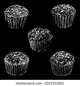 vectores de dibujo manual de muffins de harina de avena aislados en fondo negro.