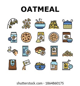 Oatmeal Nutrition Collection Icons Set Vector. Oat And Flour Bag, Cookies And Milk, Bar And Oatmeal Porridge, Boiling And Cooked Breakfast Concept Linear Pictograms. Contour Illustrations