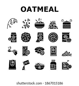 Vector Set de Iconos de la Colección de Nutrición de Oatharina. Bolsa De Oro Y Harina, Galletas Y Leche, Gachas De Ostrina Y Bar, Pictogramas De Glifo Emocionante Y Desayuno Cocinado Ilustraciones Negras