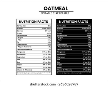 Rótulo de fatos nutricionais da aveia, fatos nutricionais, fatos nutricionais Rótulo fatos suplementares, vetor de rótulo nutricional