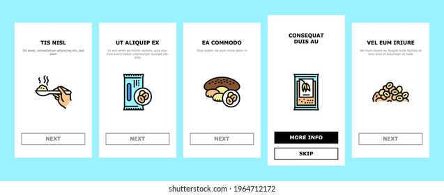 Oatmeal Nutrition Onboarding Mobile App Page Screen Vector. Oat And Flour Bag, Cookies And Milk, Bar And Oatmeal Porridge, Boiling And Cooked Breakfast Illustrations