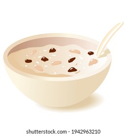 Oatmeal with nuts in a bowl of coconut isolated on white background. Healthy breakfast. Vector illustration